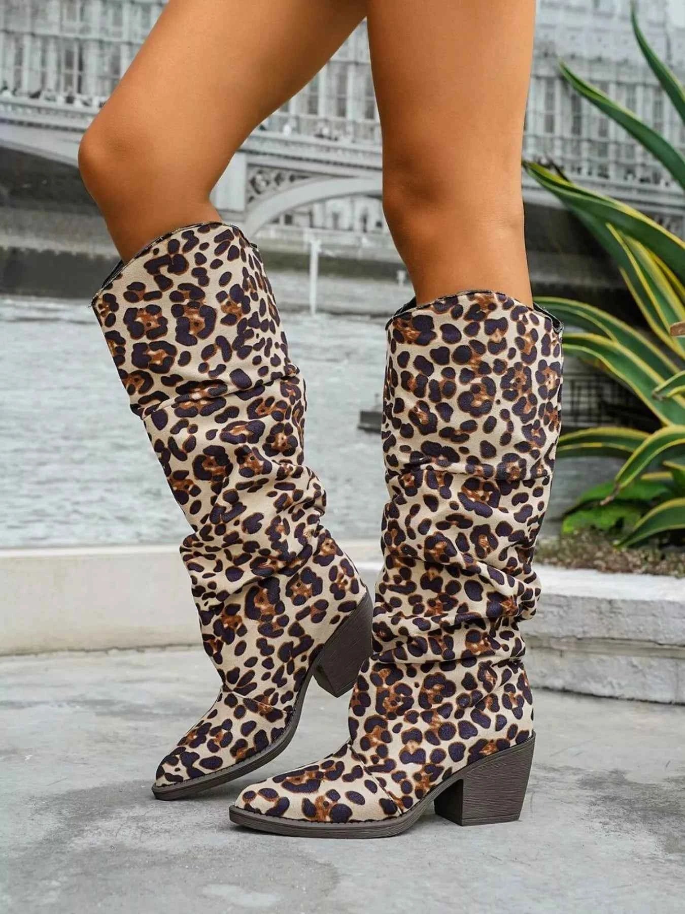 Cowboy Leopard Point Toe : Block Heels Boots