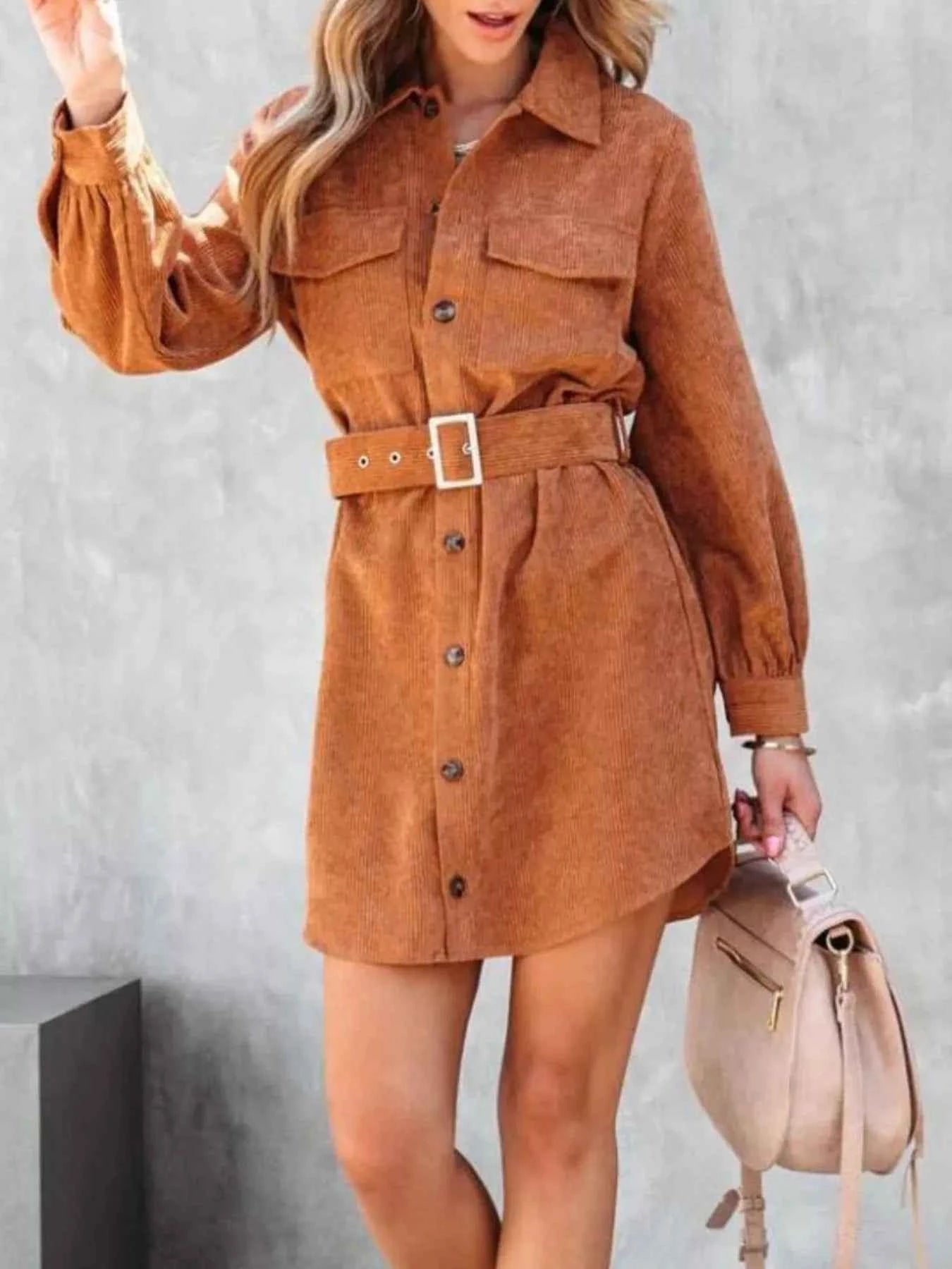 Stylish Button Front Belt Long Sleeve : Corduroy Dress