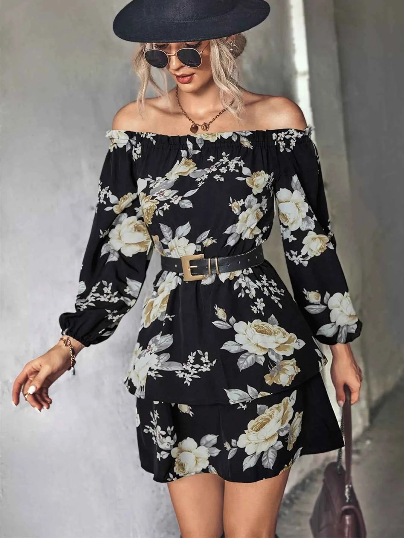 Off-Shoulder Floral Print : Long Sleeve Mini Dress