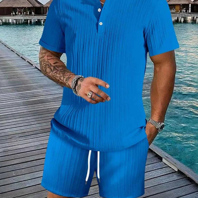 Men's Plus Size Short Sleeve Shirt and Shorts Set - Two Piece Summer Outfit Sky Blue