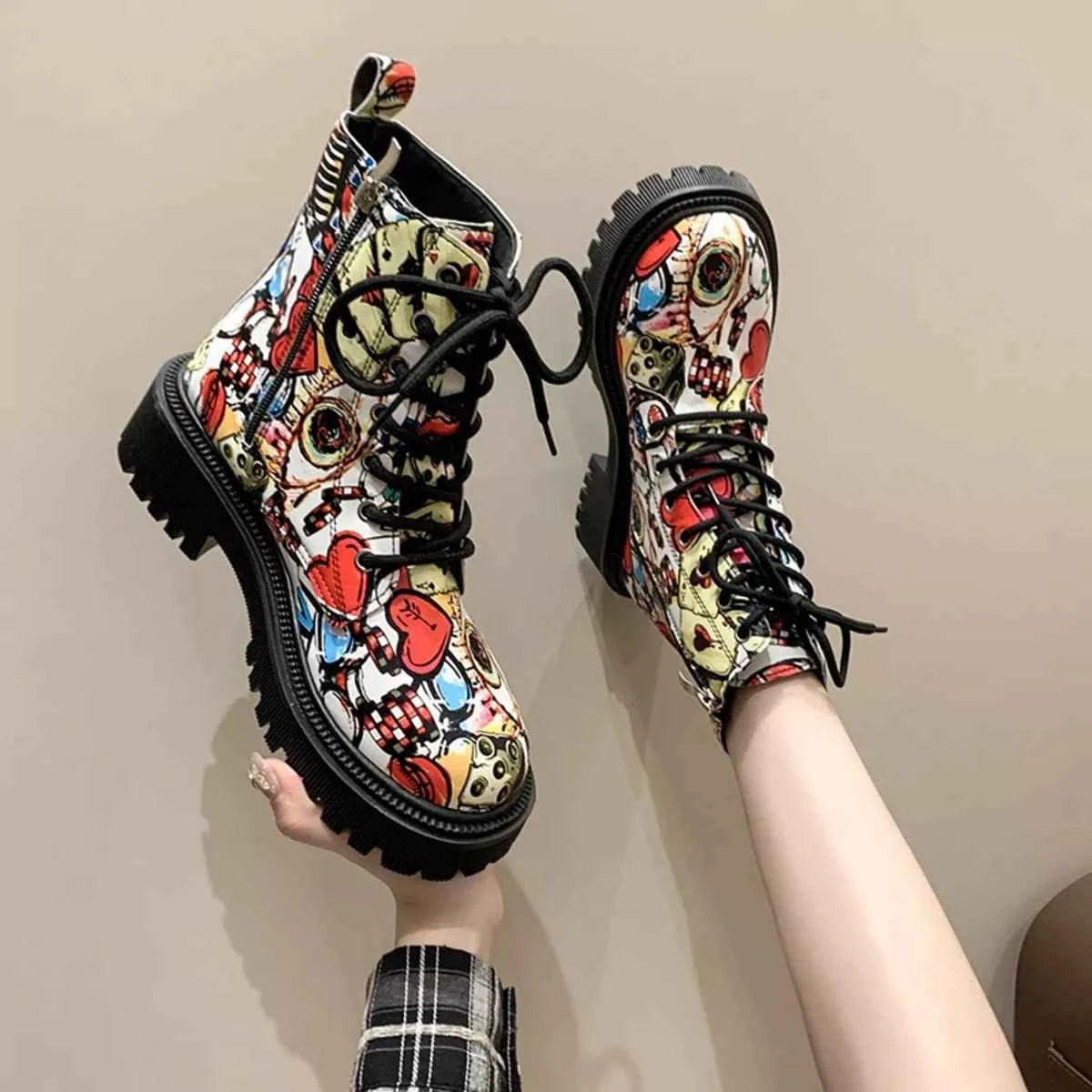 Graffiti Print Combat Boots : Colorful Street Art Design