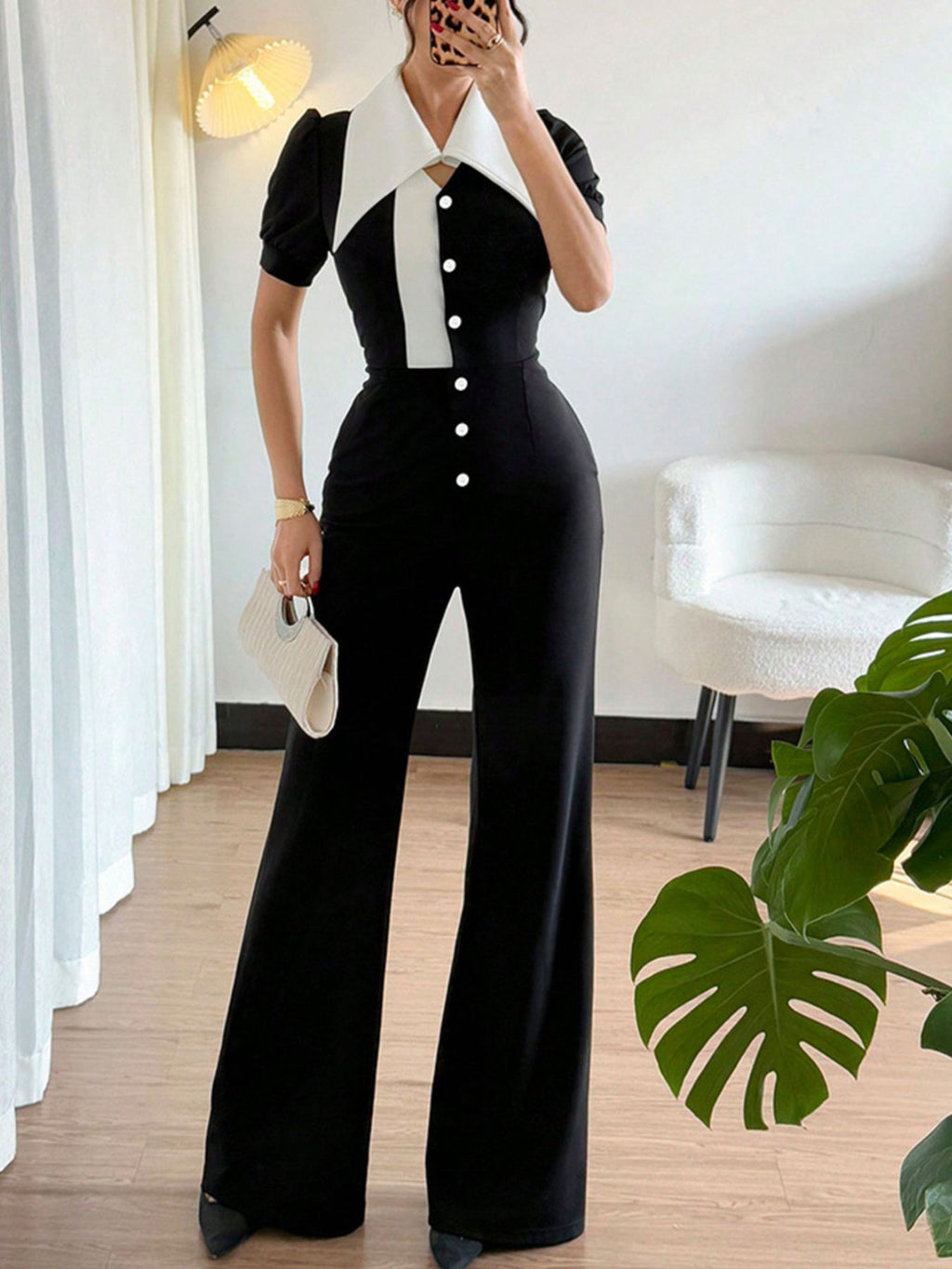 Black/White Fashionable Button-Down Wide Leg Jumpsuit - ꫀꪶꫀᧁꪖꪀᥴꫀ꠸ᠻꪗ~ 𝔈𝔪𝔟𝔯𝔞𝔠𝔢 𝔈𝔩𝔢𝔤𝔞𝔫𝔠𝔢