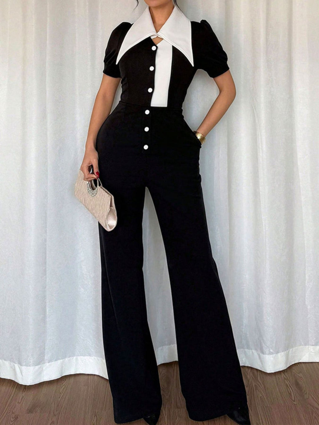 Black/White Fashionable Button-Down Wide Leg Jumpsuit - ꫀꪶꫀᧁꪖꪀᥴꫀ꠸ᠻꪗ~ 𝔈𝔪𝔟𝔯𝔞𝔠𝔢 𝔈𝔩𝔢𝔤𝔞𝔫𝔠𝔢