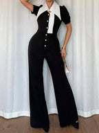 Black/White Fashionable Button-Down Wide Leg Jumpsuit - ꫀꪶꫀᧁꪖꪀᥴꫀ꠸ᠻꪗ~ 𝔈𝔪𝔟𝔯𝔞𝔠𝔢 𝔈𝔩𝔢𝔤𝔞𝔫𝔠𝔢