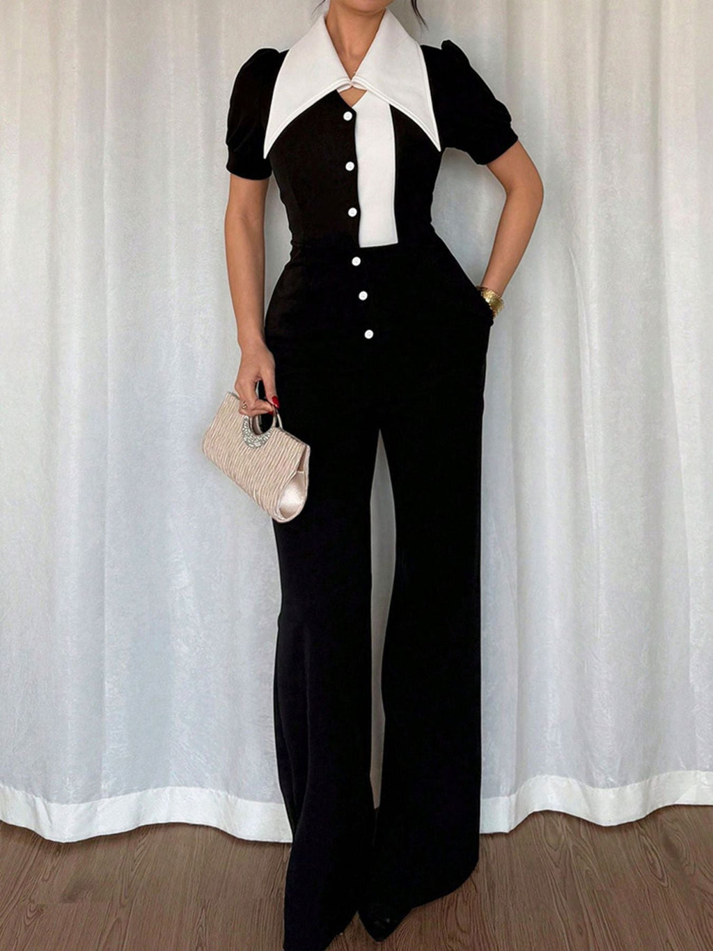 Black/White Fashionable Button-Down Wide Leg Jumpsuit - ꫀꪶꫀᧁꪖꪀᥴꫀ꠸ᠻꪗ~ 𝔈𝔪𝔟𝔯𝔞𝔠𝔢 𝔈𝔩𝔢𝔤𝔞𝔫𝔠𝔢