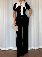 Black/White Fashionable Button-Down Wide Leg Jumpsuit - ꫀꪶꫀᧁꪖꪀᥴꫀ꠸ᠻꪗ~ 𝔈𝔪𝔟𝔯𝔞𝔠𝔢 𝔈𝔩𝔢𝔤𝔞𝔫𝔠𝔢