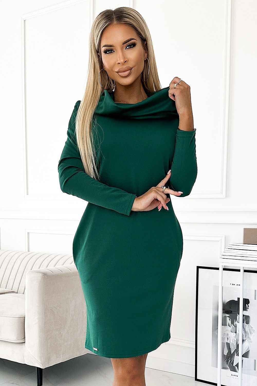Emerald Turtleneck Green Cowl Neck Dress