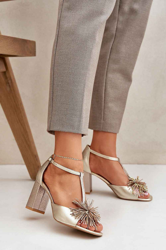 Gold T-Strapped Heel Sandals with Tassels