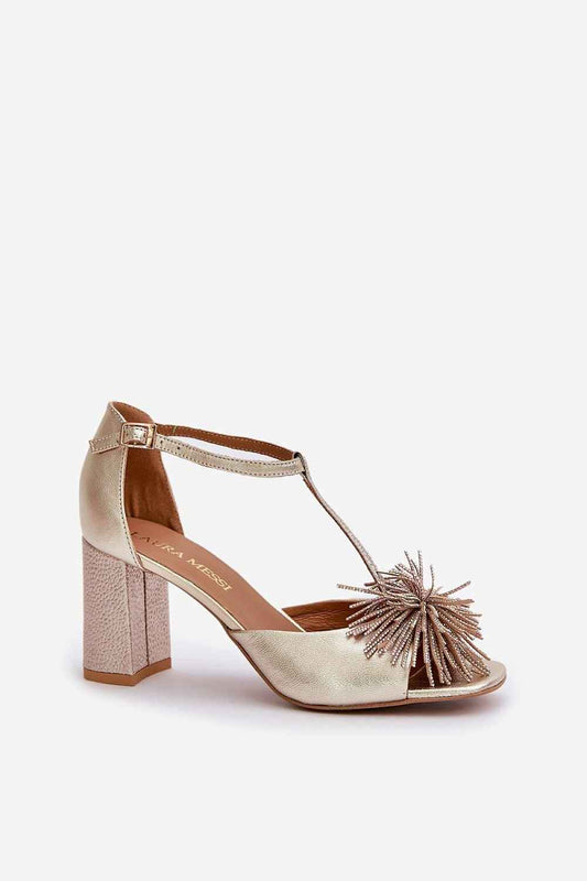 Gold T-Strapped Heel Sandals with Tassels