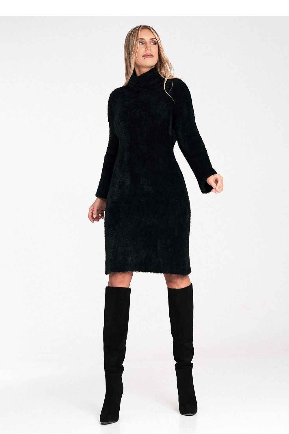 Elegant Black Fuzzy MIDI Dress