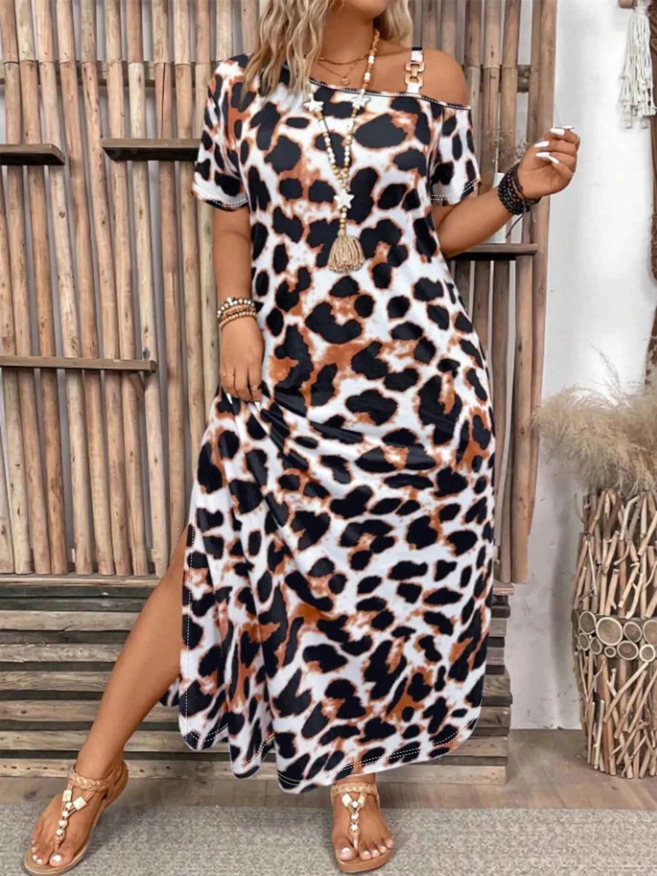 Plus Size Leopard Print Short Sleeve Maxi Dress with Side Slit