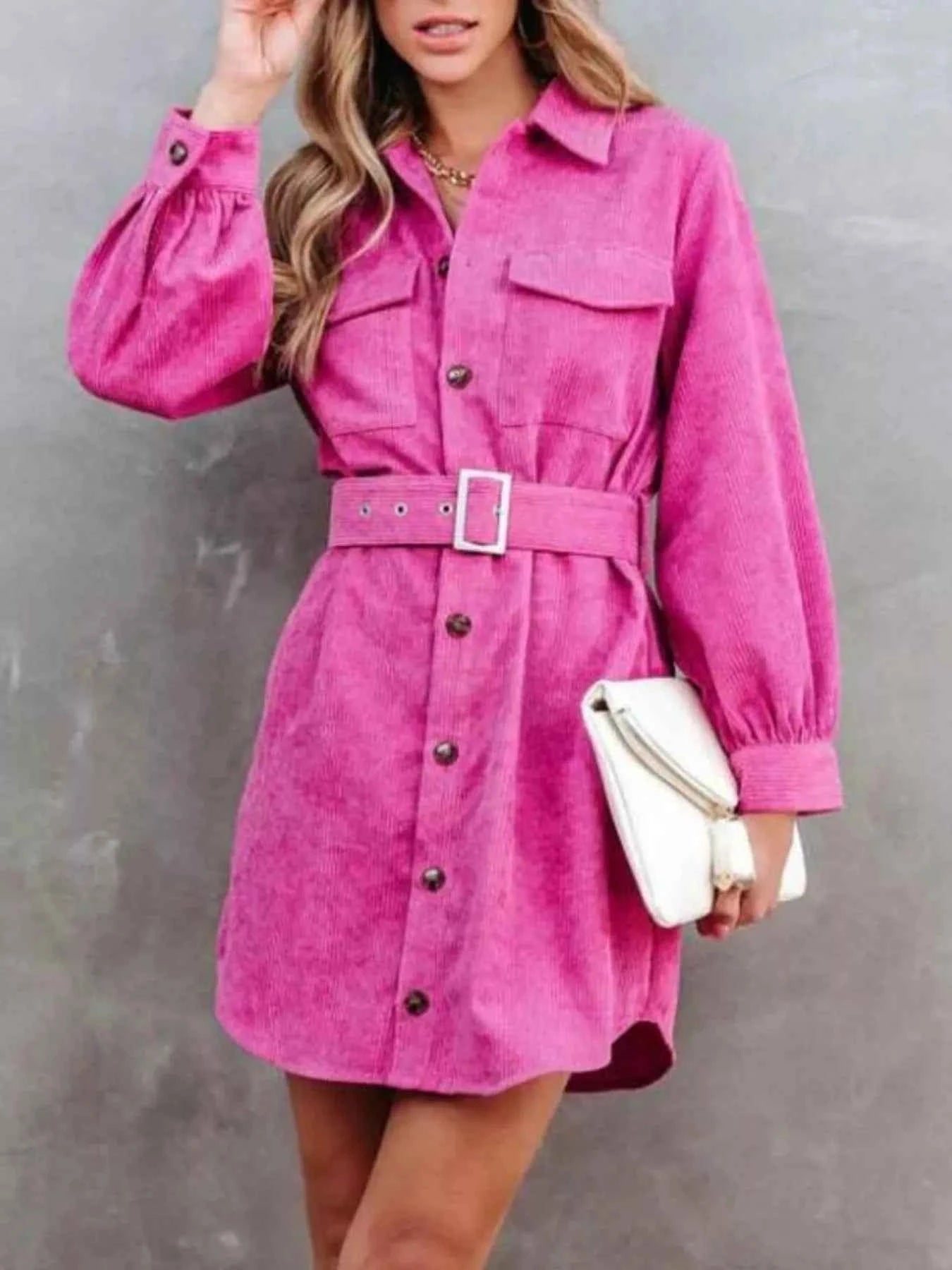 Stylish Button Front Belt Long Sleeve : Corduroy Dress