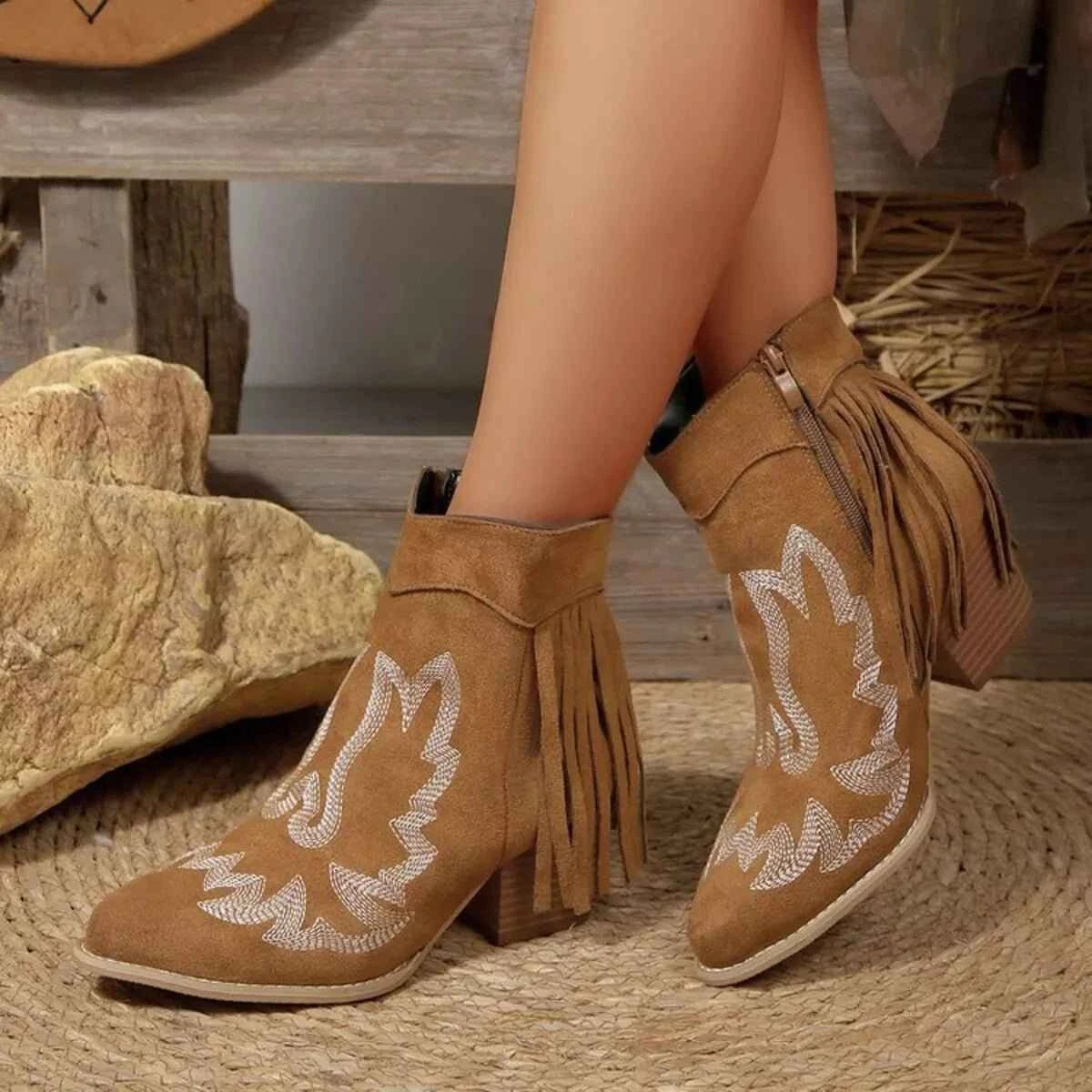 Western Fringe Point Toe : Block Ankle Heel Boots