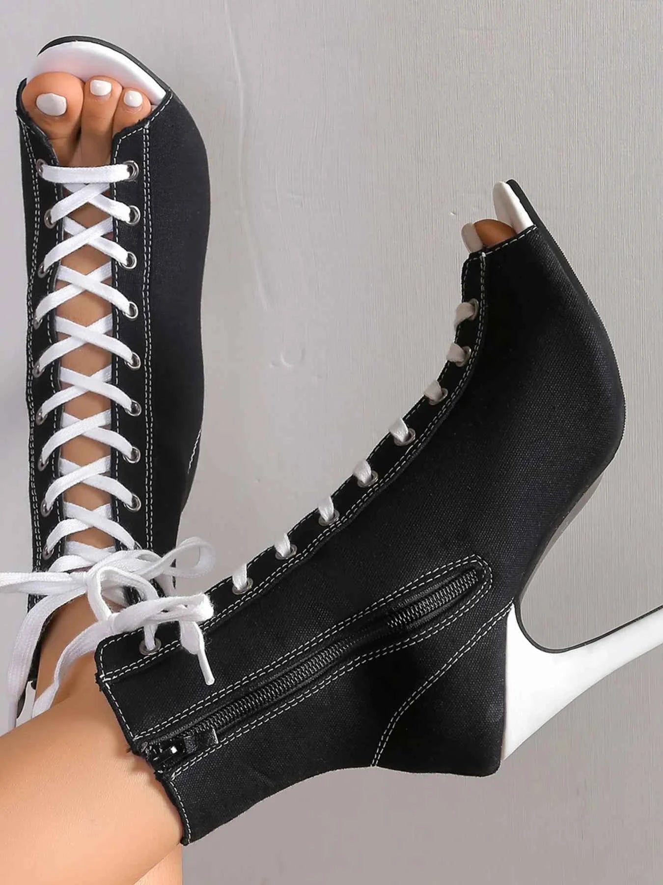 Canvas Lace-Up Peep Toe : Stiletto Ankle Boots
