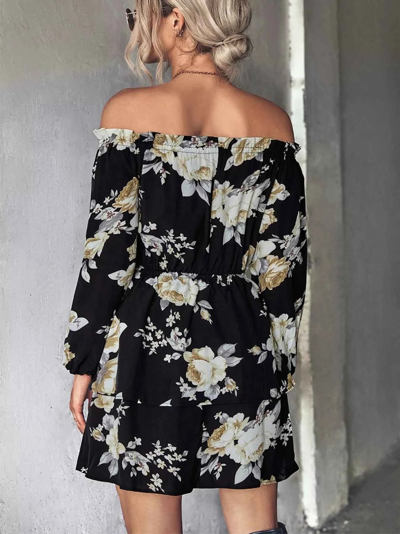 Off-Shoulder Floral Print : Long Sleeve Mini Dress