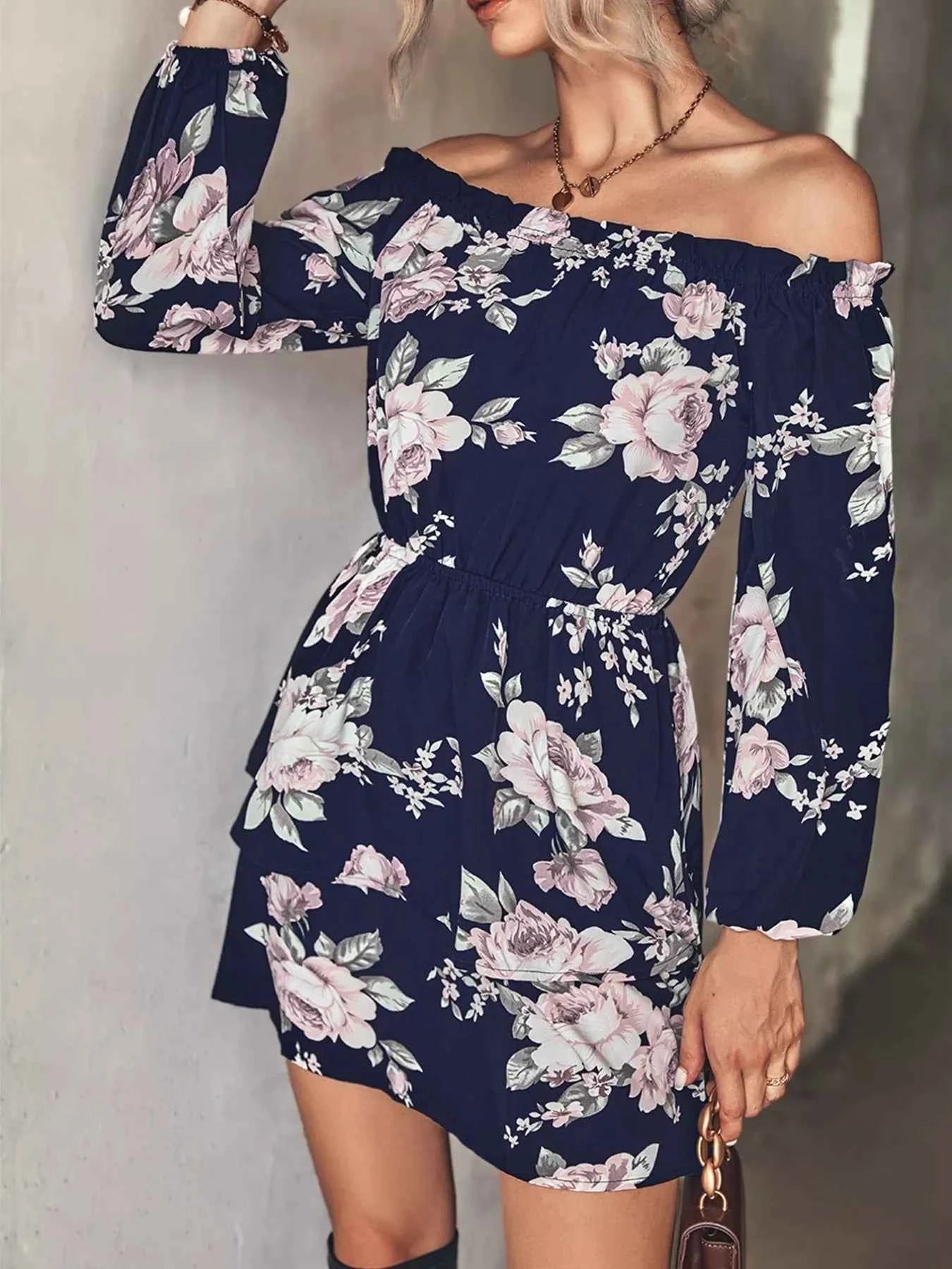 Off-Shoulder Floral Print : Long Sleeve Mini Dress