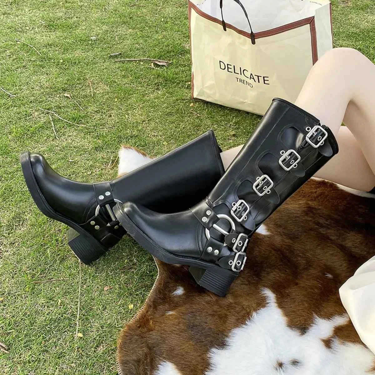 Block Heel Knee High : Motorcycle Boots With Buckle