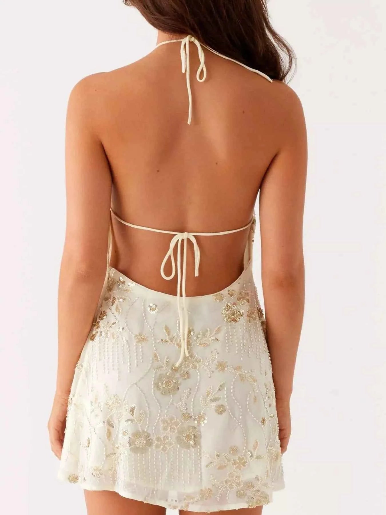 Backless Embroidered Halter Neck : Mini Dress