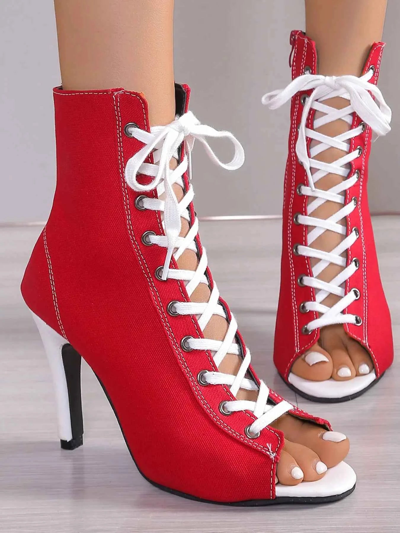 Canvas Lace-Up Peep Toe : Stiletto Ankle Boots