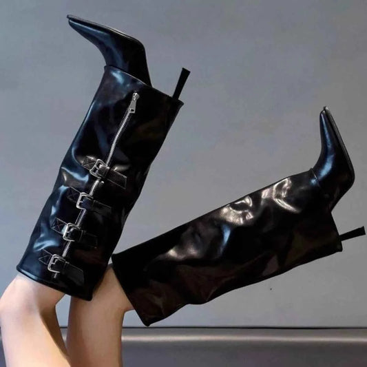 High-Quality Cowhide Leather
 Buckle Stiletto Boots
