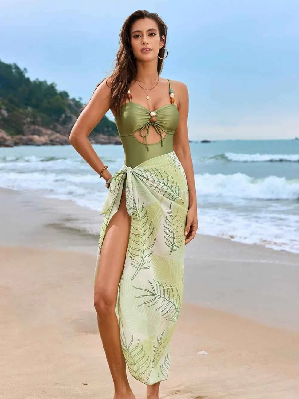 Cutout Sweetheart Neck One-Piece Swimwear and Cover-Up Swim Set