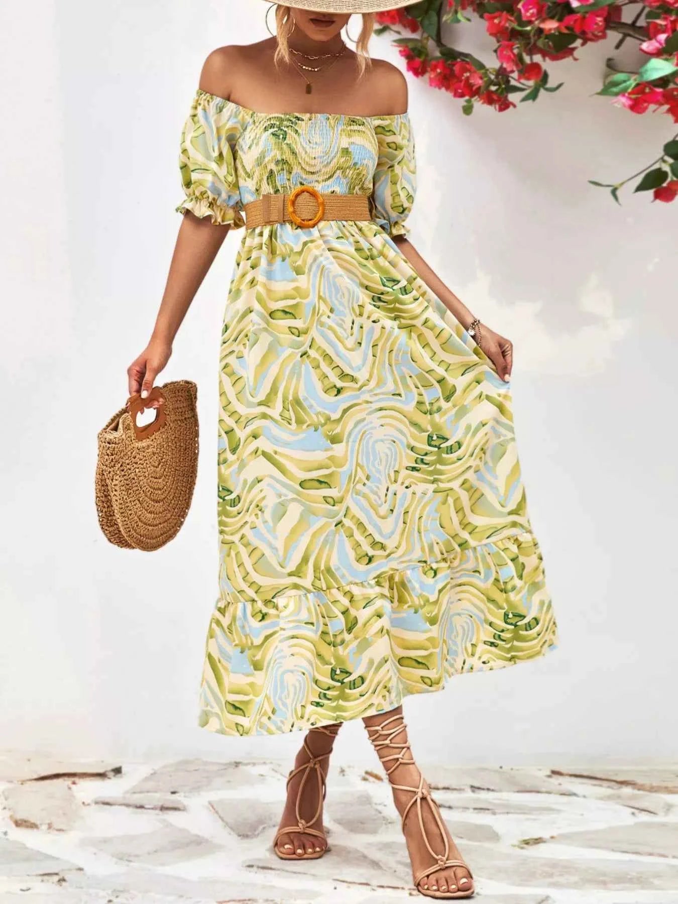 Smocked Printed Puff Sleeve : Midi Dress