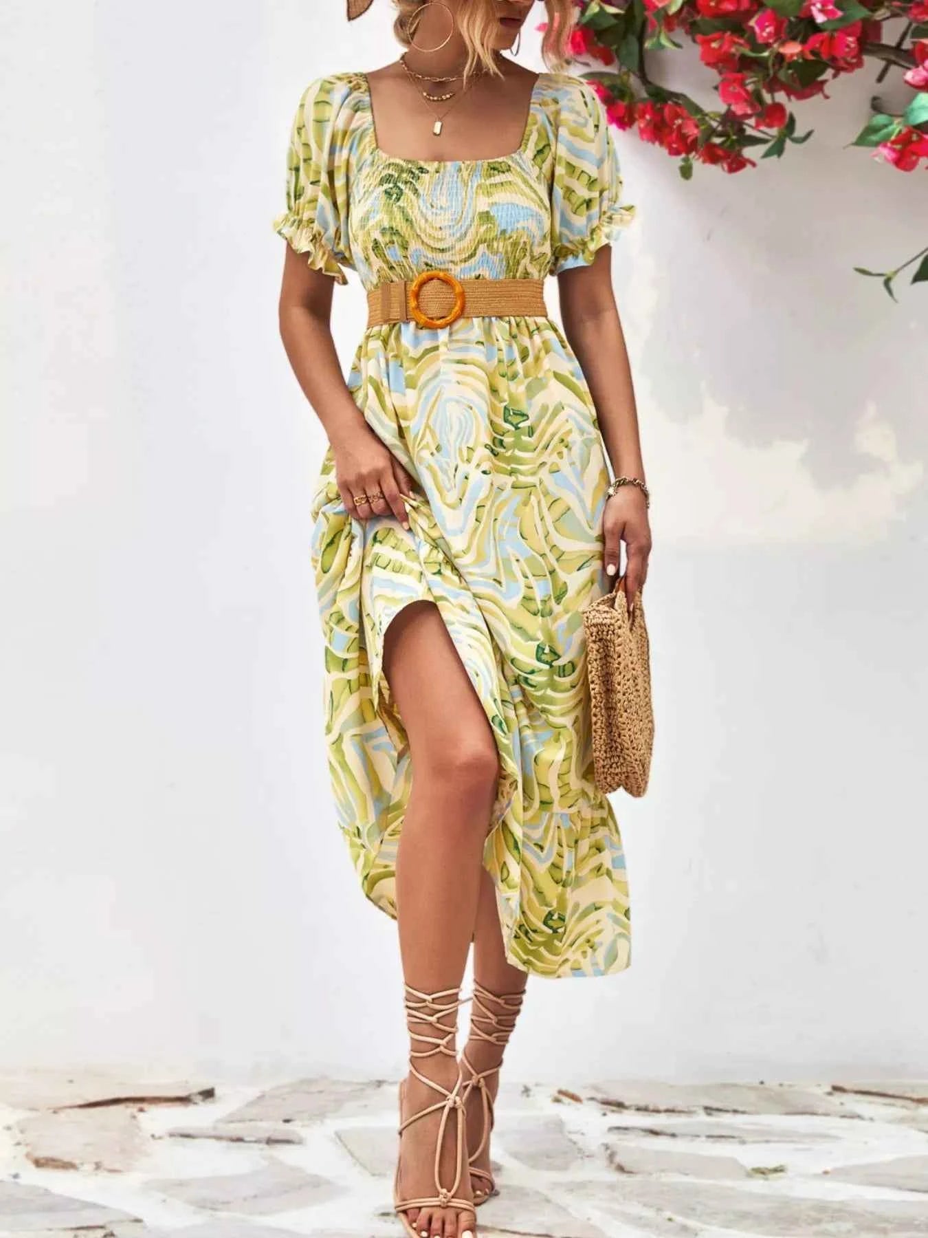 Smocked Printed Puff Sleeve : Midi Dress