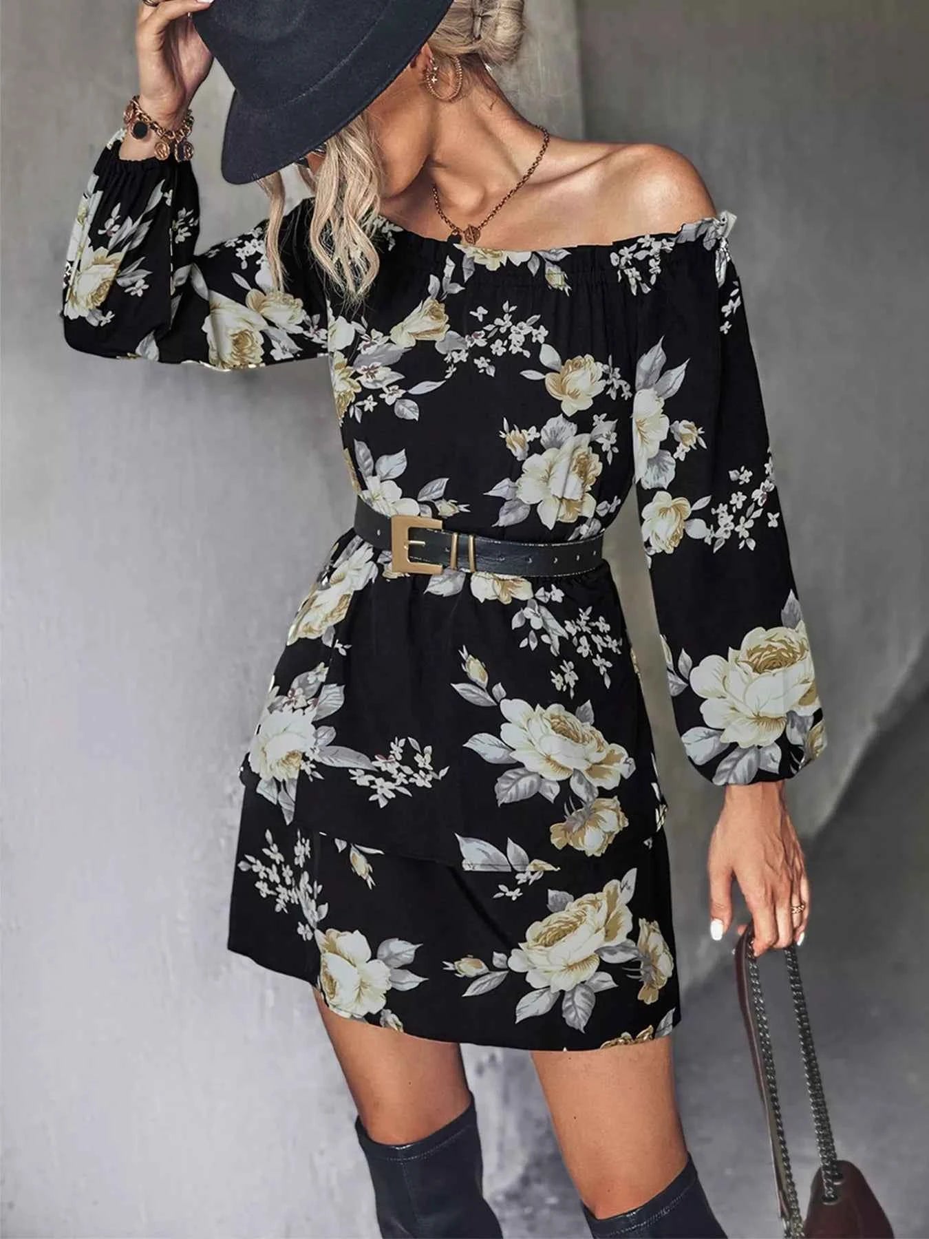 Off-Shoulder Floral Print : Long Sleeve Mini Dress