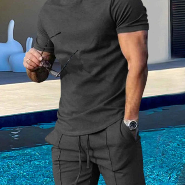 Men's Plus Size Round Neck Short Sleeve Top and Shorts Set Dark Gray
