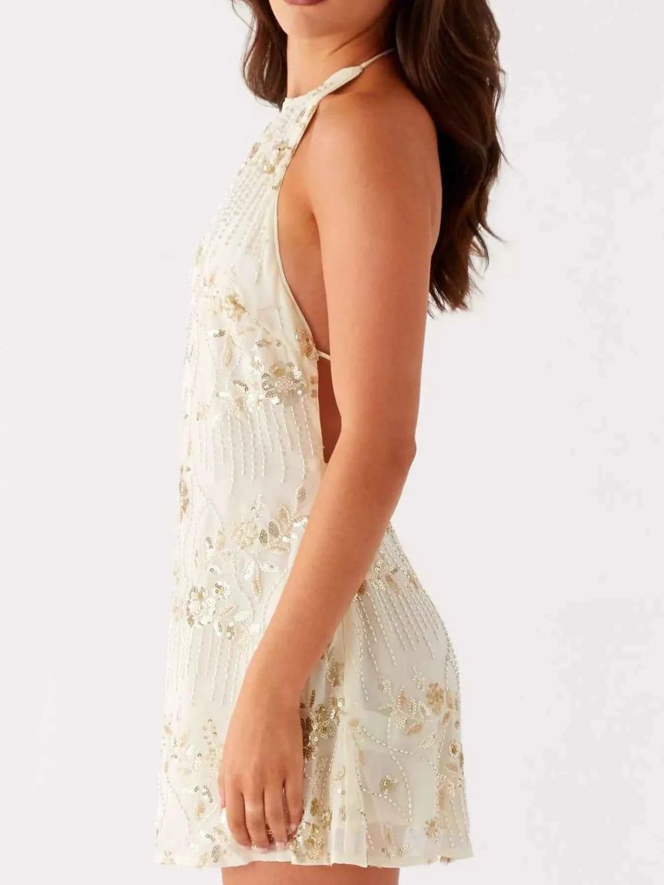 Backless Embroidered Halter Neck : Mini Dress