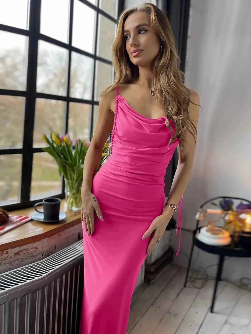 Backless Cowl Neck Sleeveless : Cami Dress