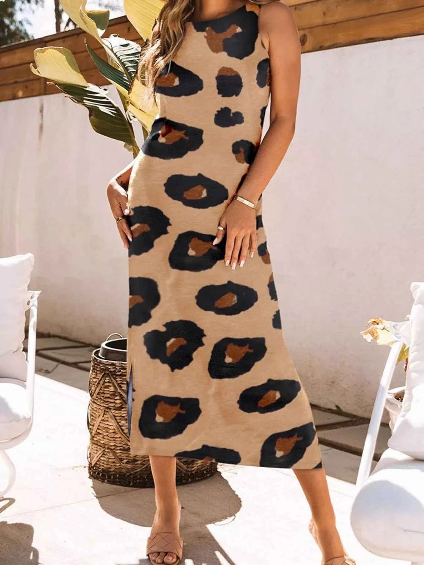 Slit Leopard Sleeveless : Maxi Dress
