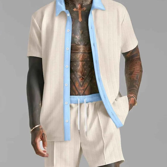 Men's Full Size Collared Neck Short Sleeve Top and Shorts Set Plus Size Tan