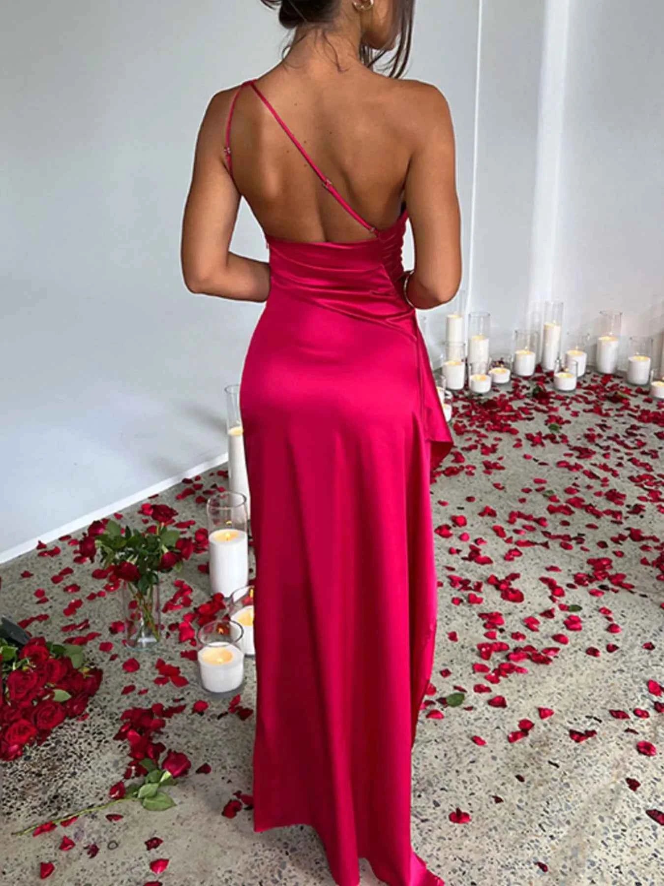One Shoulder Satin Dress : High Slit