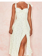 Stylish Floral Print Tie Shoulder Slit Midi Dress