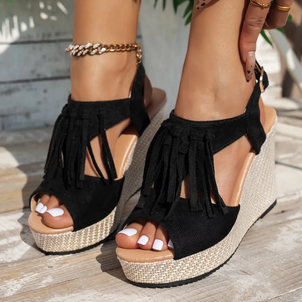 Fringe Peep Toe Wedge Sandals - ꫀꪶꫀᧁꪖꪀᥴꫀ꠸ᠻꪗ~ 𝔈𝔪𝔟𝔯𝔞𝔠𝔢 𝔈𝔩𝔢𝔤𝔞𝔫𝔠𝔢