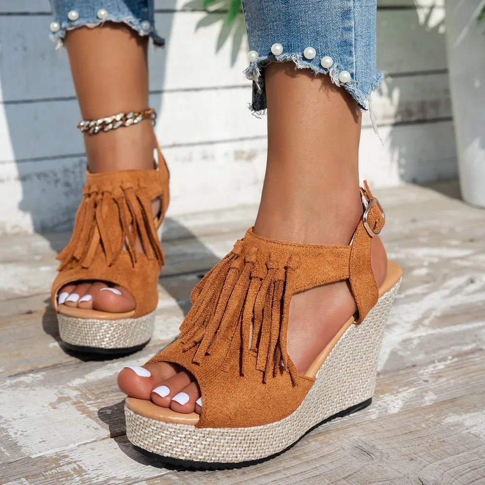 Fringe Peep Toe Wedge Sandals - ꫀꪶꫀᧁꪖꪀᥴꫀ꠸ᠻꪗ~ 𝔈𝔪𝔟𝔯𝔞𝔠𝔢 𝔈𝔩𝔢𝔤𝔞𝔫𝔠𝔢