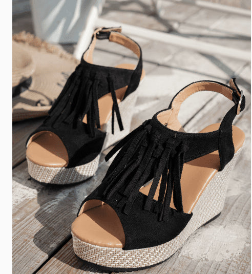 Fringe Peep Toe Wedge Sandals - ꫀꪶꫀᧁꪖꪀᥴꫀ꠸ᠻꪗ~ 𝔈𝔪𝔟𝔯𝔞𝔠𝔢 𝔈𝔩𝔢𝔤𝔞𝔫𝔠𝔢
