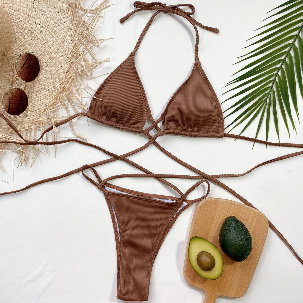 Stylish Halter Neck Crisscross Ribbed Bikini Set - ꫀꪶꫀᧁꪖꪀᥴꫀ꠸ᠻꪗ~ 𝔈𝔪𝔟𝔯𝔞𝔠𝔢 𝔈𝔩𝔢𝔤𝔞𝔫𝔠𝔢