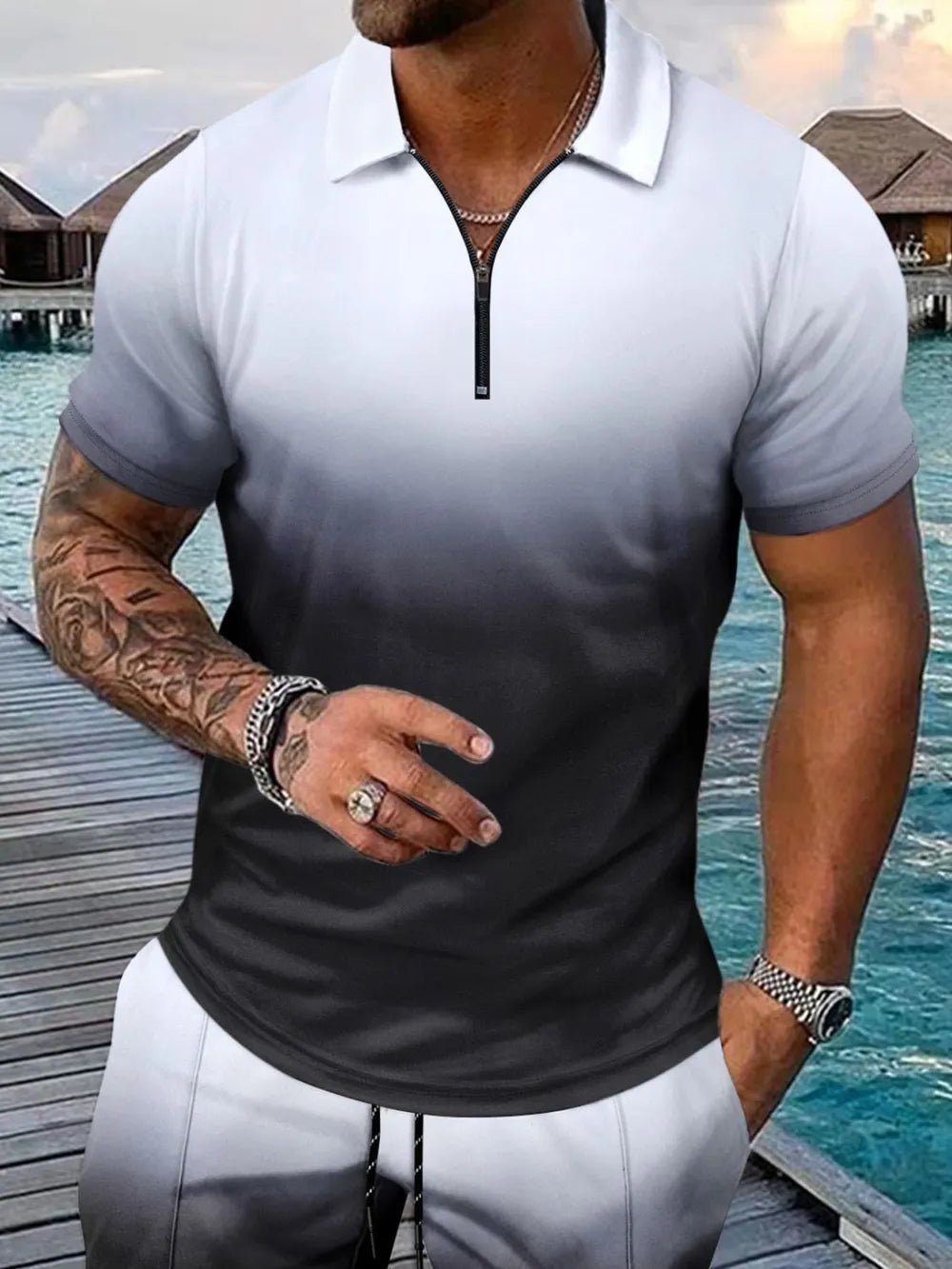 Men's Full Size Gradient Collared Top and Shorts Set - ꫀꪶꫀᧁꪖꪀᥴꫀ꠸ᠻꪗ~ 𝔈𝔪𝔟𝔯𝔞𝔠𝔢 𝔈𝔩𝔢𝔤𝔞𝔫𝔠𝔢