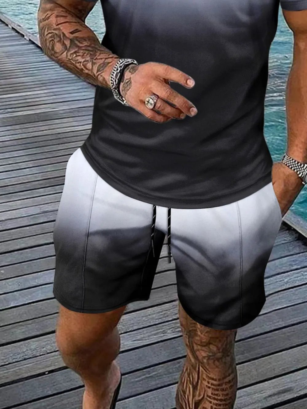 Men's Full Size Gradient Collared Top and Shorts Set - ꫀꪶꫀᧁꪖꪀᥴꫀ꠸ᠻꪗ~ 𝔈𝔪𝔟𝔯𝔞𝔠𝔢 𝔈𝔩𝔢𝔤𝔞𝔫𝔠𝔢