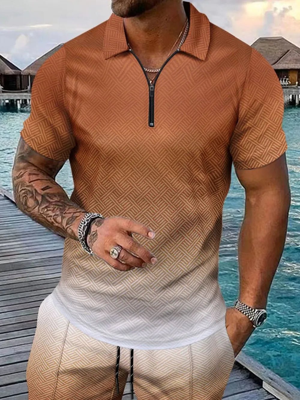 Men's Full Size Gradient Collared Top and Shorts Set - ꫀꪶꫀᧁꪖꪀᥴꫀ꠸ᠻꪗ~ 𝔈𝔪𝔟𝔯𝔞𝔠𝔢 𝔈𝔩𝔢𝔤𝔞𝔫𝔠𝔢