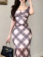 Trendy Plaid Ruffle Cap Sleeve Bodycon Maxi Dress