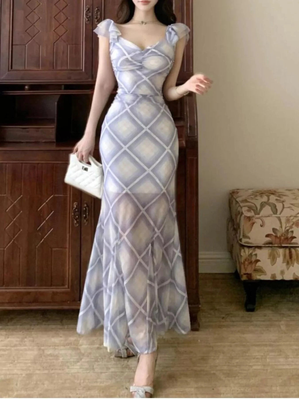 Trendy Plaid Ruffle Cap Sleeve Bodycon Maxi Dress