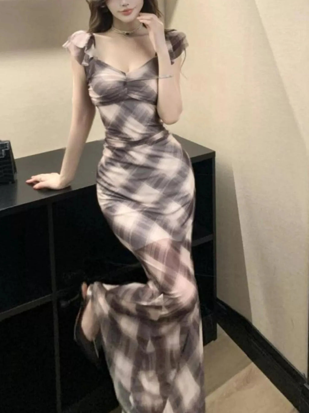 Trendy Plaid Ruffle Cap Sleeve Bodycon Maxi Dress