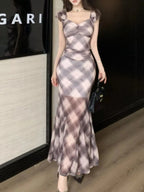 Trendy Plaid Ruffle Cap Sleeve Bodycon Maxi Dress