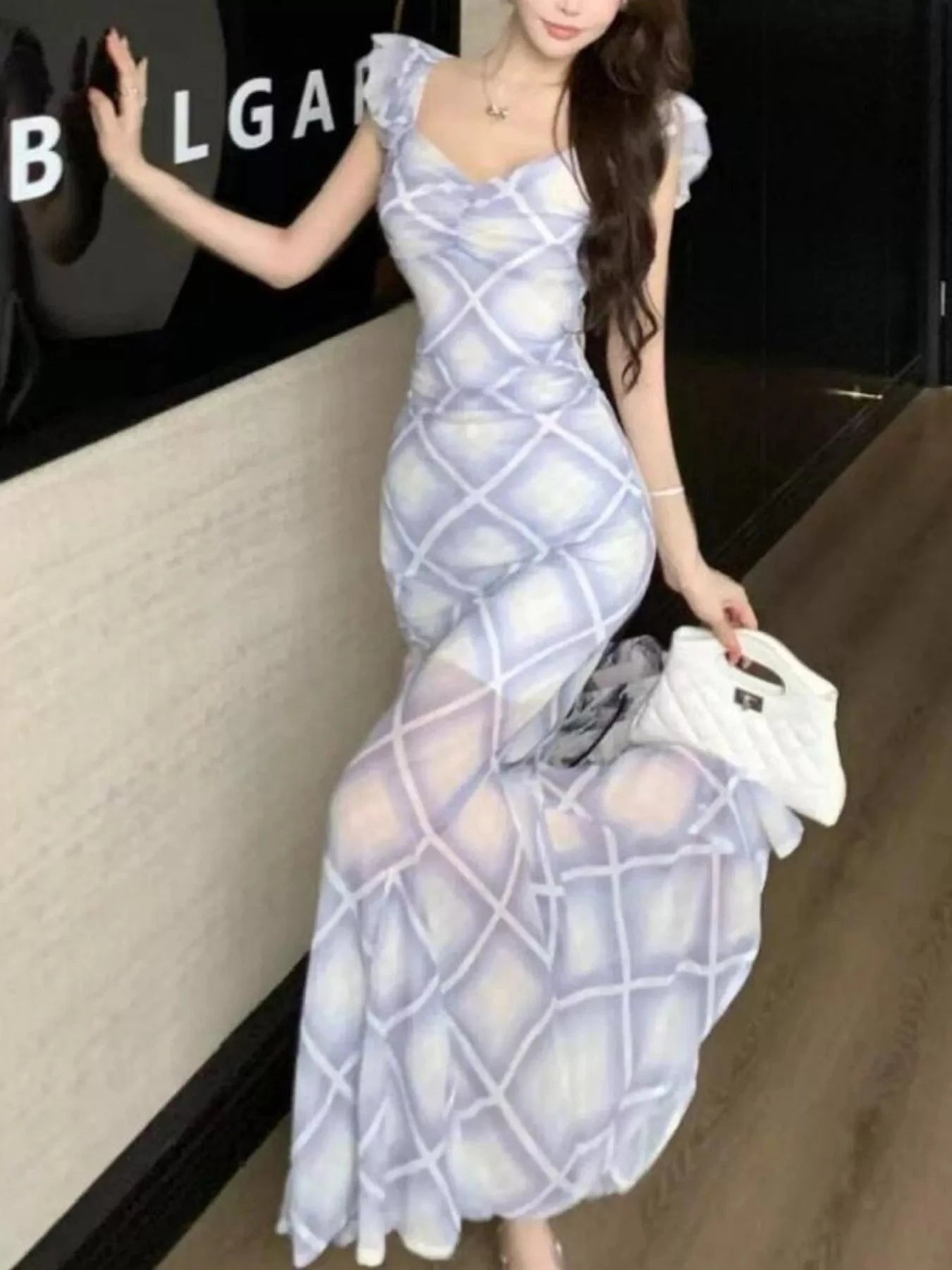 Trendy Plaid Ruffle Cap Sleeve Bodycon Maxi Dress