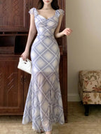 Trendy Plaid Ruffle Cap Sleeve Bodycon Maxi Dress