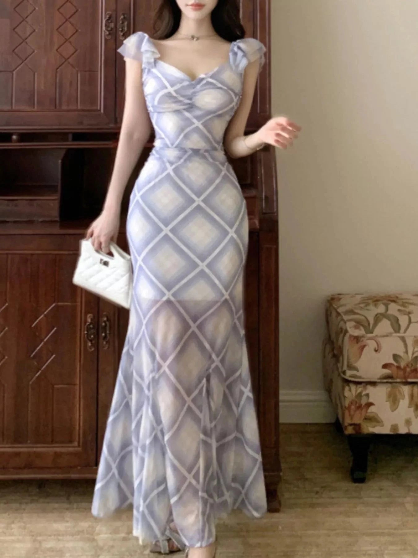 Trendy Plaid Ruffle Cap Sleeve Bodycon Maxi Dress