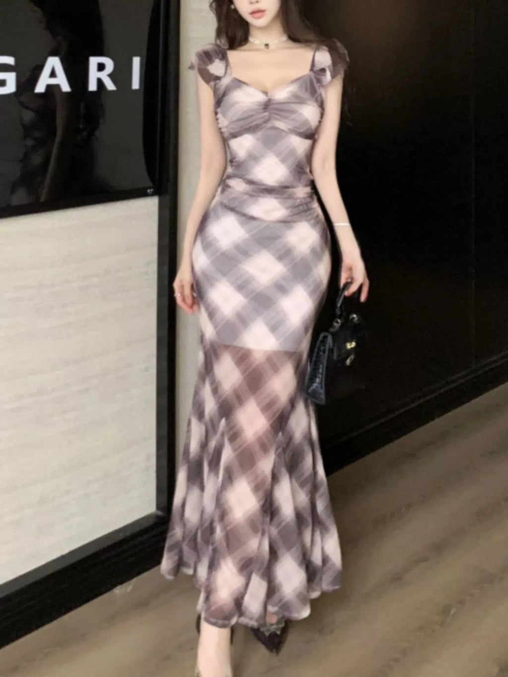 Trendy Plaid Ruffle Cap Sleeve Bodycon Maxi Dress